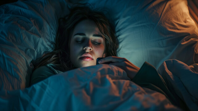 Mujer joven acostada en la cama, por la noche, mirando el tel&eacute;fono m&oacute;vil. 
