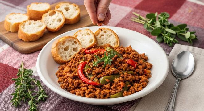 Axoa Beef Stew With Peppers On Picnic Blanket In Basque Countryside