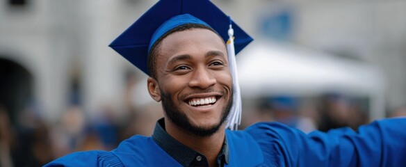 Naklejka premium The proud graduate in a vibrant blue cap and elegant gown celebrates a momentous milestone.
