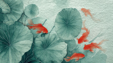 Fototapeta premium Goldfish swim among green leaves