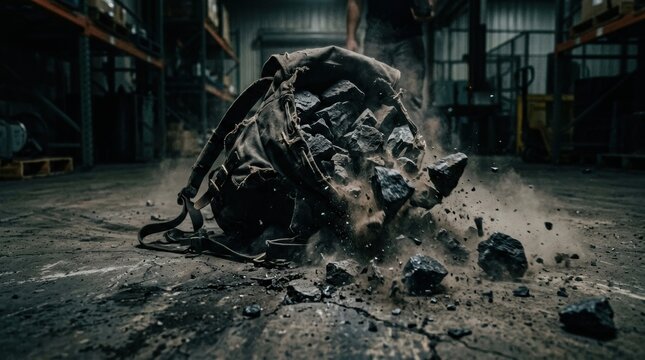 Dramatic Scene of Rocks Exploding from a Backpack in an Industrial Warehouse Environment