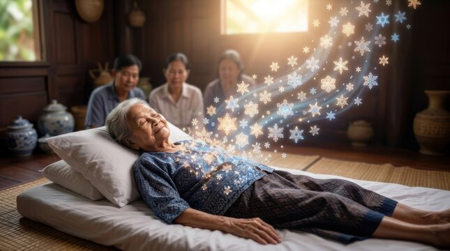 Thai Elder Receiving Care in Relaxing Setting with Magical Elements Emitting from Heart, Symbolizing Peace and Comfort