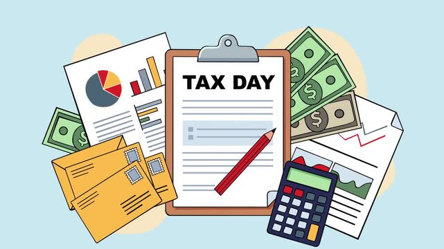 Tax Day clipboard with financial documents, calculator, and money. A clear concept of tax filing, accounting, budgeting, and financial management for business and personal income reporting.