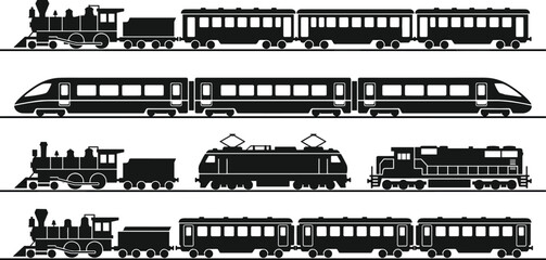 Train silhouette icon set with steam locomotive, high speed and electric trains, railway transport collection, minimal black design, vintage and modern rail illustration © ASIK HASAN