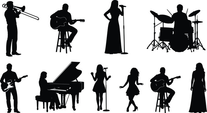 Musician silhouettes collection, band performers playing instruments singing dancing, guitarist drummer pianist trombone player stage performance isolated vector set