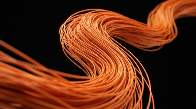 Coiled orange abstract strands twisting dynamically on black