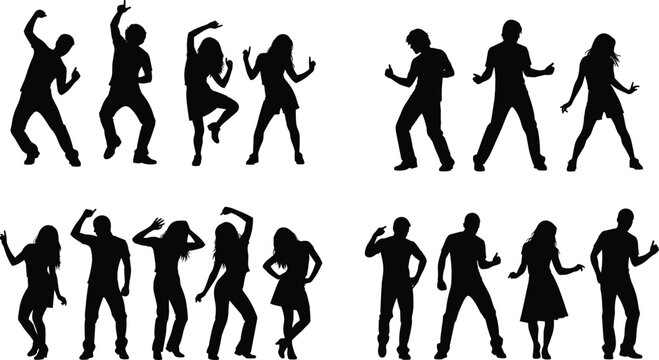 Dancing people silhouettes collection, men and women dancing in party poses, energetic dance moves isolated illustration set for nightlife concept