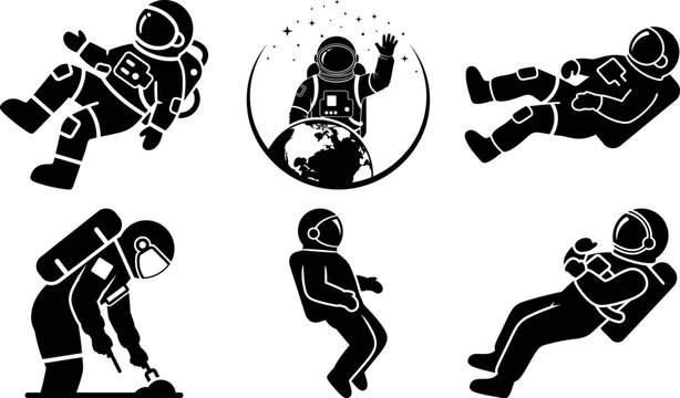 Collection of astronauts in various poses and activities isolated illustration
