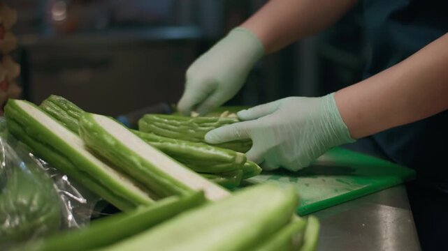 Close-up of a chef peeling bitter melon in a restaurant. Asian street food.