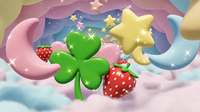 Cute Pastel Candy Icon World featuring oversized glossy hearts, clovers, cherries, strawberries, stars, and crescent moons scattered across a dreamy cloud-like backdrop, exaggerated cartoon