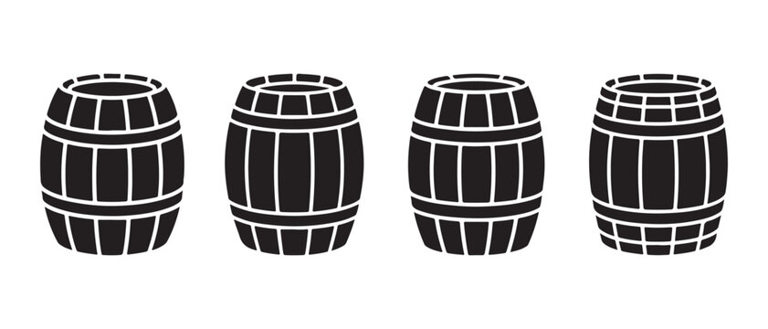 Four black and white illustrations of wooden barrels in a row on a plain background.