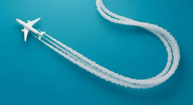 Illustration of airplane flying in the sky leaving behind a trail of white contrails