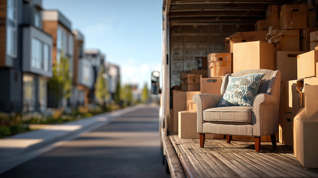 Moving truck loaded with cardboard boxes and armchair on residential street relocation and home moving service concept