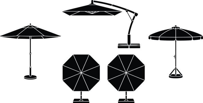 Outdoor patio umbrella icons set, beach and garden parasol sunshade silhouettes for terrace cafe furniture vector collection isolated