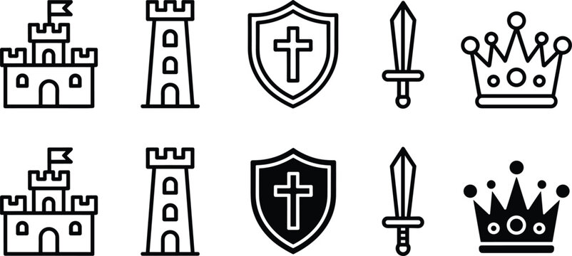 Medieval castle crown sword and shield icon set, kingdom fantasy symbols, outline and solid royal medieval vector illustration collection