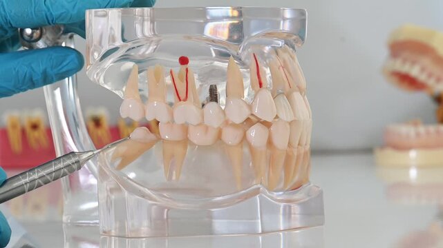 Anatomical model of a human jaw with malocclusion, abnormal growth of wisdom teeth, and crowded teeth. Impacted teeth.