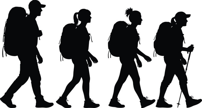 Hikers walking silhouette set, backpack travelers trekking collection, outdoor adventure people hiking with backpacks and trekking pole isolated vector illustration