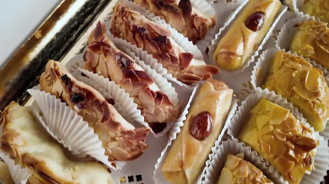 
Un magnifique plateau de f&ecirc;te de l'A&iuml;d al-Mubarak proposant une s&eacute;lection de douceurs traditionnelles du Moyen-Orient. Authentique g&acirc;teaux traditionnels arabes.