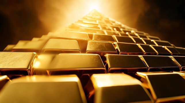 Pyramid of shiny gold bars stacked high with bright glowing light at the peak representing wealth, financial success, and secure investment in precious metals
