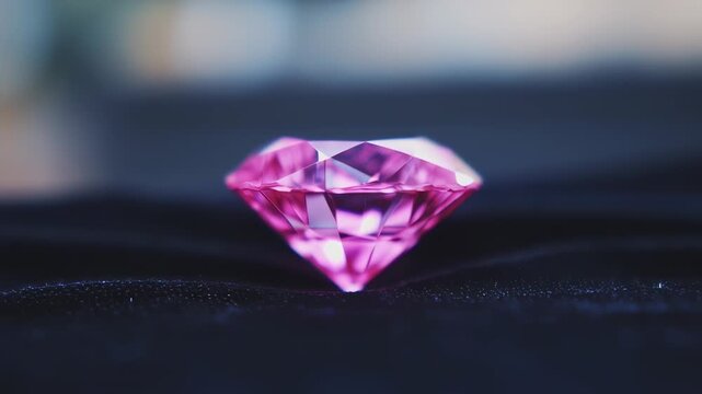 Close-up of a vibrant pink diamond on a dark surface