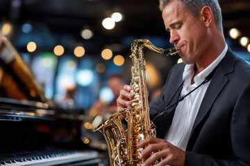 Obraz premium Saxophonist performs soulful jazz at a lively music venue during the evening hours