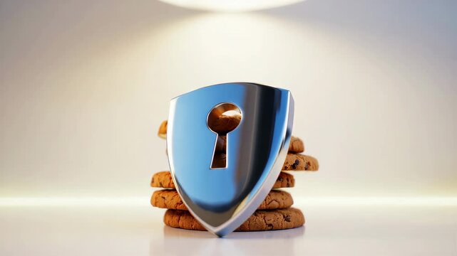 Secure shield atop a stack of cookies, graphic metaphor for web privacy protection, data security in online browsing, consent management, privacy compliance, digital controls, wellbeing, resilience