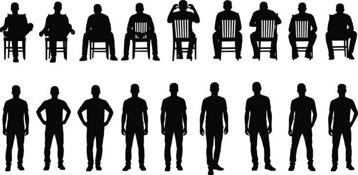 Man silhouettes collection sitting on chair and standing poses, male characters set isolated illustration for people, posture and lifestyle concept