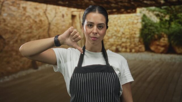Young brunette woman in striped apron stands with closed eyes then gives thumbs down in studio; customer service disapproval.