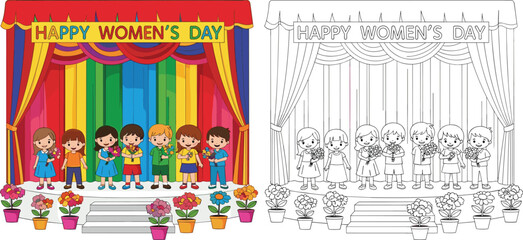 Obraz premium Happy children on theater stage holding flowers for Happy Women's Day celebration, school performance coloring page for kids and students