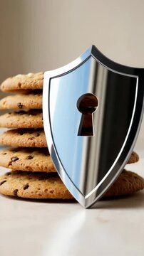 Cookie consent privacy protection with metallic shield and keyhole over stacked chocolate chip cookies, web tracking control, gdpr compliance, eprivacy directive, first party data, consent management
