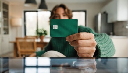 Naklejka premium Hand holding a credit card above a utilities subscription autopay webpage with the users face and room softly blurred in the background.