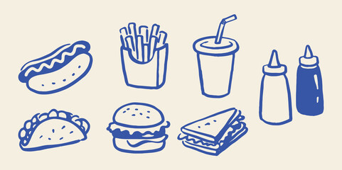 Fototapeta premium Fast food elements set outline sketch vector illustration