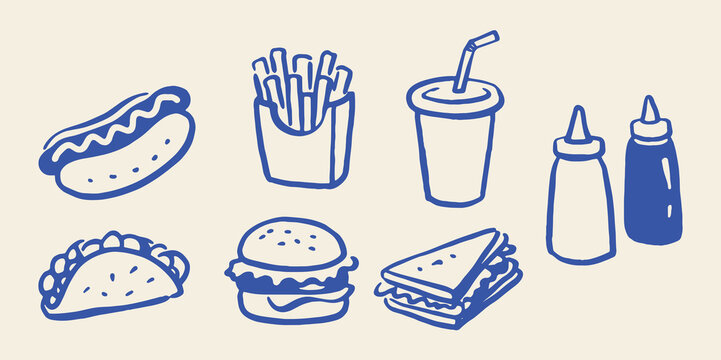 Fast food elements set outline sketch vector illustration