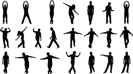 People silhouettes collection with expressive gestures, standing, walking and dancing poses, human body language characters isolated illustration set