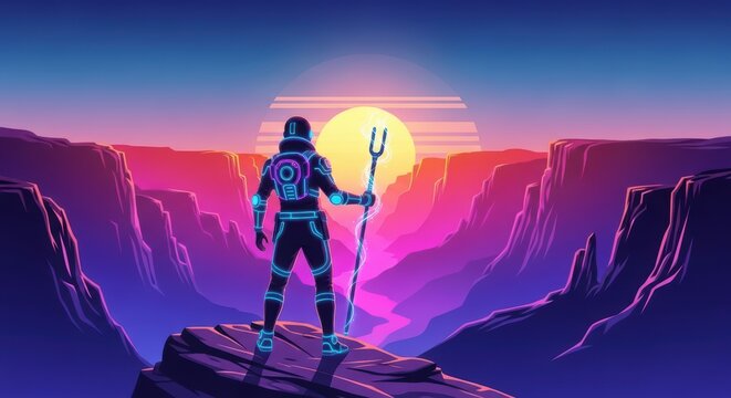 Retro futuristic astronaut in landscape at sunset