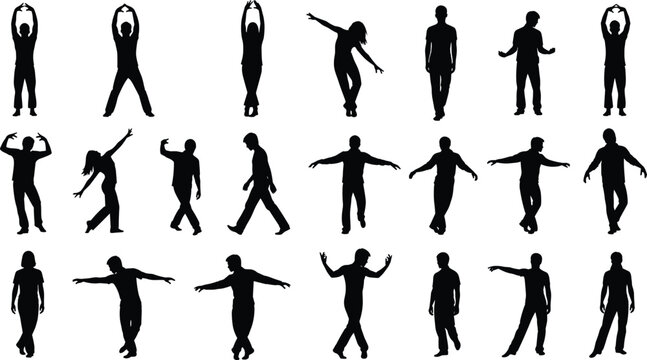 People silhouettes collection with expressive gestures, standing, walking and dancing poses, human body language characters isolated illustration set