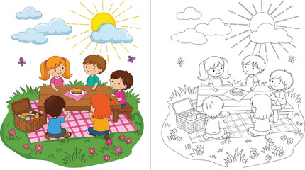 Obraz premium Happy group of children having a picnic in the park, sunny day with clouds and sun, coloring page for kids