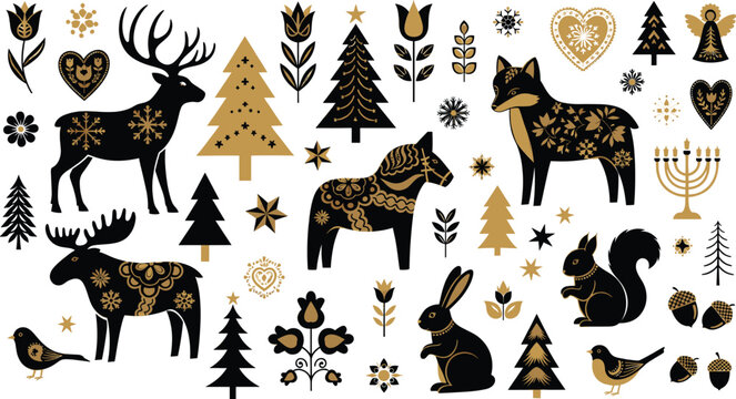 Scandinavian style winter holiday set with decorative forest animals and festive nature elements isolated on white background, Vector