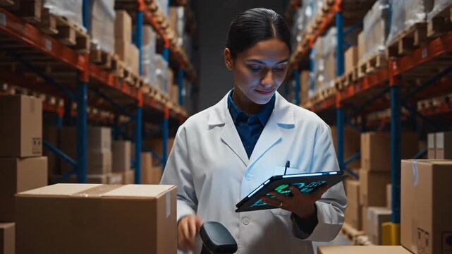 Warehouse worker scanning box with tablet.