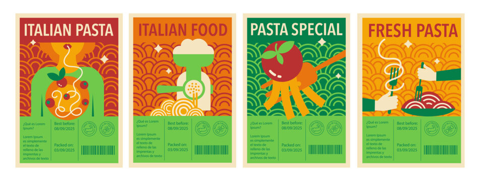 Italian pasta label set with geometric food symbols, and spaghetti, packaging design collection