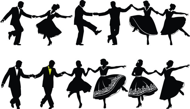 Retro dance couple silhouettes collection, vintage swing and rock and roll dancers performing lively partner dance illustration set