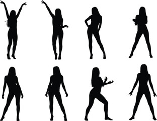 Obraz premium Sexy dancing woman silhouette set, female dance poses collection, fashion model body movement characters isolated vector illustration pack