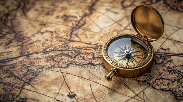 Close up of a vintage brass nautical compass with open lid placed on a weathered antique parchment map representing themes of travel exploration navigation and history