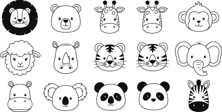 A collection of cute black and white animal head illustrations for children coloring activities isolated on white background, Vector