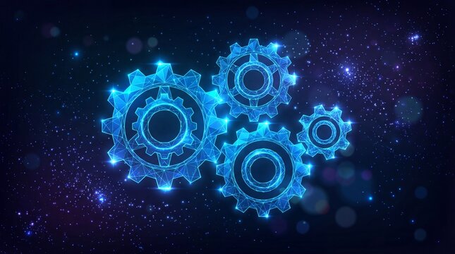 Glowing blue gears in motion against starry night sky background