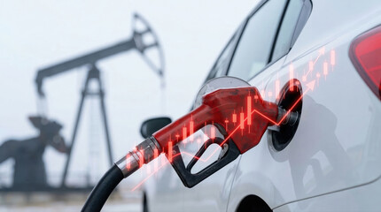 Naklejka premium Oil crisis global fuel price graph over car refuel near pump tower tension