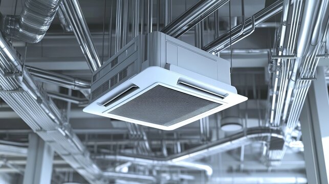 Modern Office Ceiling Featuring Exposed Piping and Innovative Centralized Climate Control Systems