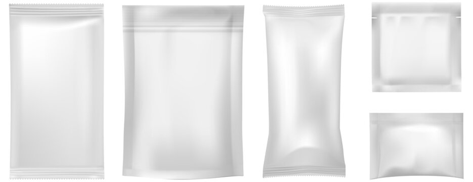 White Sachet and Pouch Packaging Mockup Vector Set, Blank Foil Bag Templates for Cosmetics and Food Products