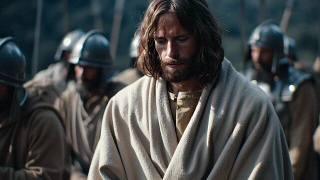 Jesus Christ with a wound on his forehead among Roman soldiers. Emotional portrait representing the passion, suffering and sacrifice during Good Friday event.