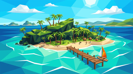 Naklejka premium A vector illustration of a low poly tropical island with palm trees and a wooden pier in a turquoise ocean, evoking a sense of peaceful vacation and summer escape.